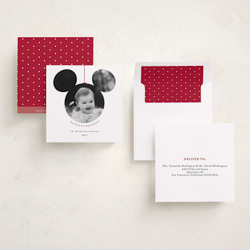 This is a snowflake holiday photo cards with standard by Roopali called mickey bauble printing on recycled smooth signature in square