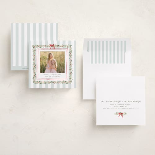 This is a winter mint holiday photo cards with standard by Everett Paper Goods called coastal garland printing on recycled smooth signature in square