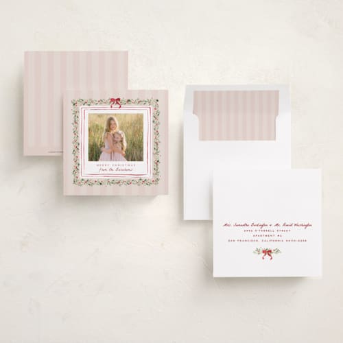 This is a beach rose holiday photo cards with standard by Everett Paper Goods called coastal garland printing on recycled smooth signature in square