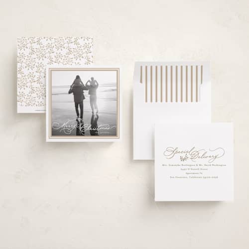 This is a snow holiday photo cards with standard by Tamara Hilje called goldie printing on recycled smooth signature in square