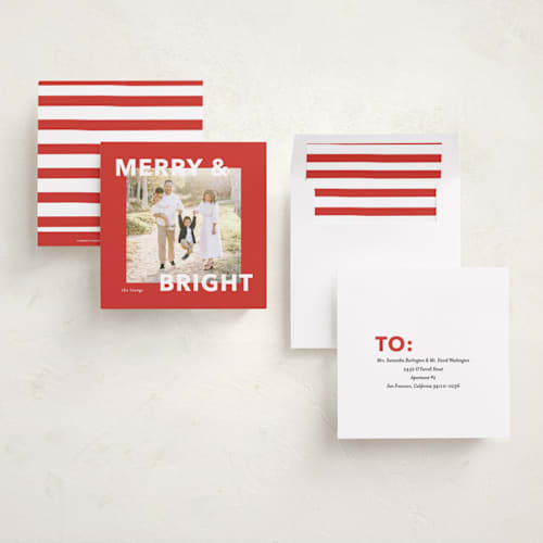 This is a holly holiday photo cards with standard by Angela Thompson called merry bright printing on recycled smooth signature in square