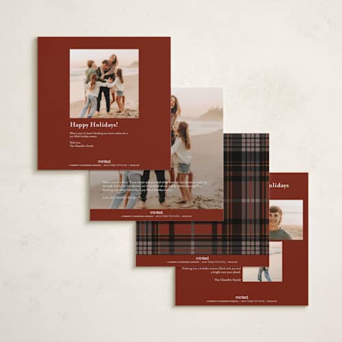 This is a maple leaf holiday photo cards with standard by Yaling Hou Suzuki called tartan traditions printing on recycled smooth signature in square