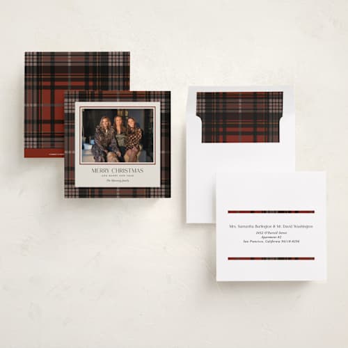 This is a maple leaf holiday photo cards with standard by Yaling Hou Suzuki called tartan traditions printing on recycled smooth signature in square