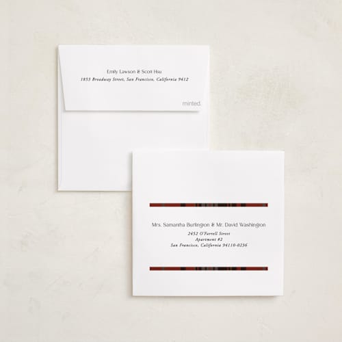 This is a maple leaf holiday photo cards with standard by Yaling Hou Suzuki called tartan traditions printing on recycled smooth signature in square