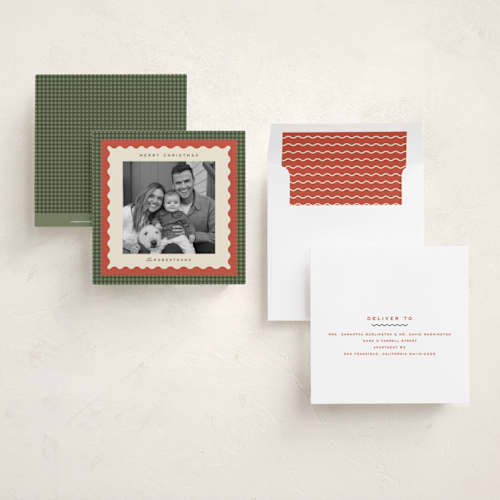 This is a forest holiday photo cards with standard by Ellen Schlegelmilch called gingham layers printing on recycled smooth signature in square