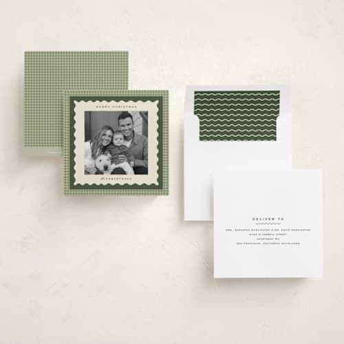 This is a garland holiday photo cards with standard by Ellen Schlegelmilch called gingham layers printing on recycled smooth signature in square