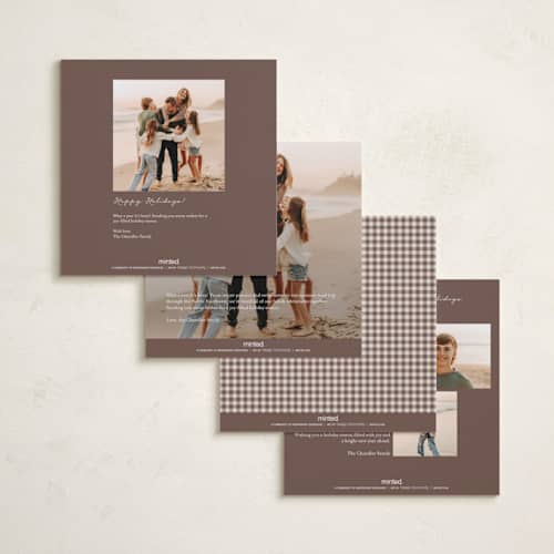 This is a gingerbread latte holiday photo cards with standard by Emily Betts called gingham vintage printing on recycled smooth signature in square