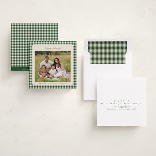 This is a fir holiday photo cards with standard by Emily Betts called gingham vintage printing on recycled smooth signature in square
