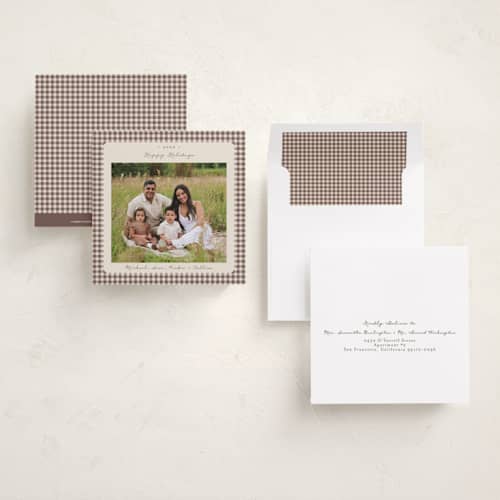 This is a gingerbread latte holiday photo cards with standard by Emily Betts called gingham vintage printing on recycled smooth signature in square
