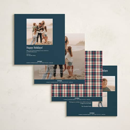 This is a linen holiday photo cards with standard by Jennifer Lew called lined printing on recycled smooth signature in square
