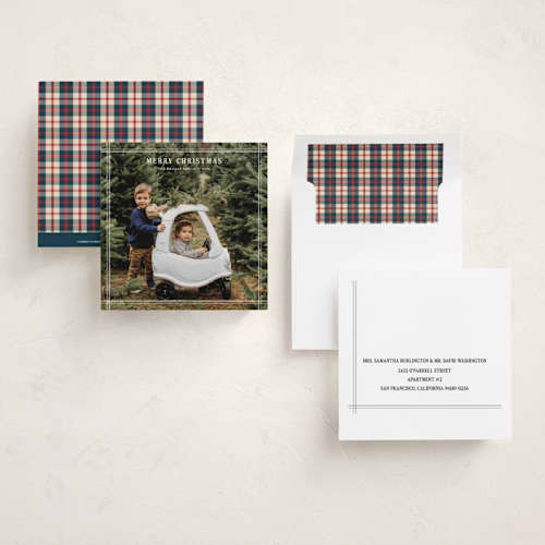 This is a linen holiday photo cards with standard by Jennifer Lew called lined printing on recycled smooth signature in square