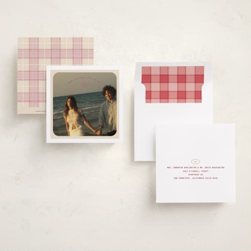 This is a cranberry holiday photo cards with standard by Mandy Lee called minimalist printing on recycled smooth signature in square