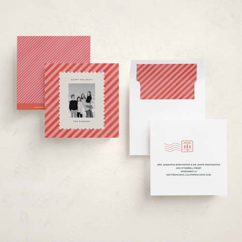 This is a candy cane holiday photo cards with standard by Leia Matt called mini stamp printing on recycled smooth signature in square