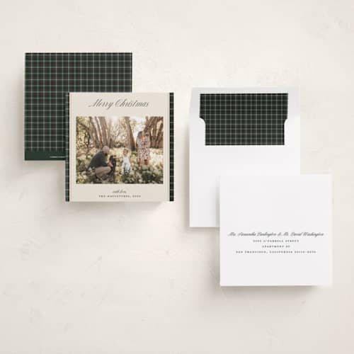 This is a wreath holiday photo cards with standard by Lottie Aldarwish called the tartan one printing on recycled smooth signature in square