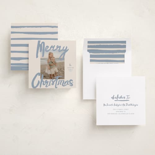 This is a dusty blue holiday photo cards with standard by Stacey Day called brushed printing on recycled smooth signature in square