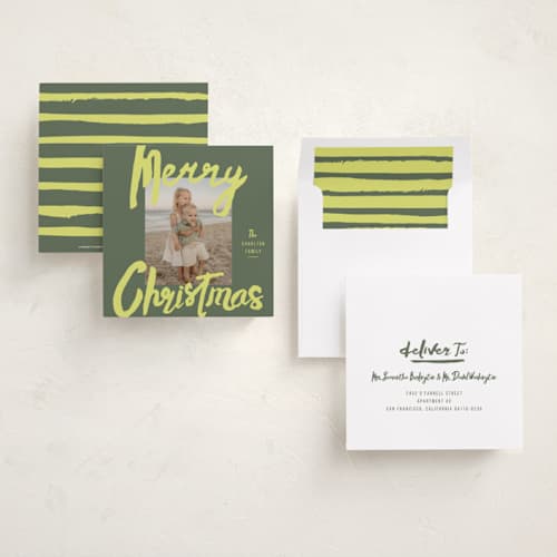 This is a chartreuse holiday photo cards with standard by Stacey Day called brushed printing on recycled smooth signature in square