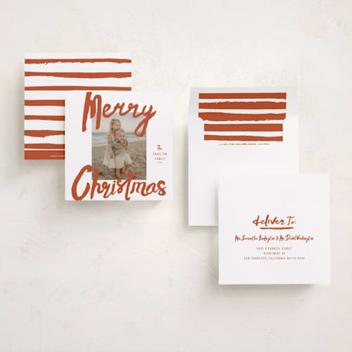This is a candy cane holiday photo cards with standard by Stacey Day called brushed printing on recycled smooth signature in square