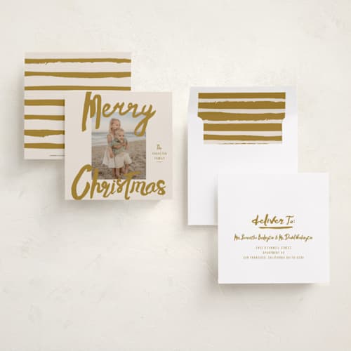 This is a camel holiday photo cards with standard by Stacey Day called brushed printing on recycled smooth signature in square