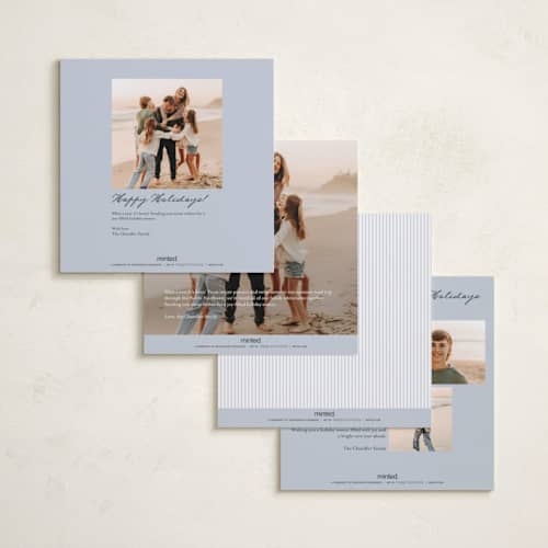 This is a icy blue holiday photo cards with standard by Everett Paper Goods called drape ribbon printing on recycled smooth signature in square