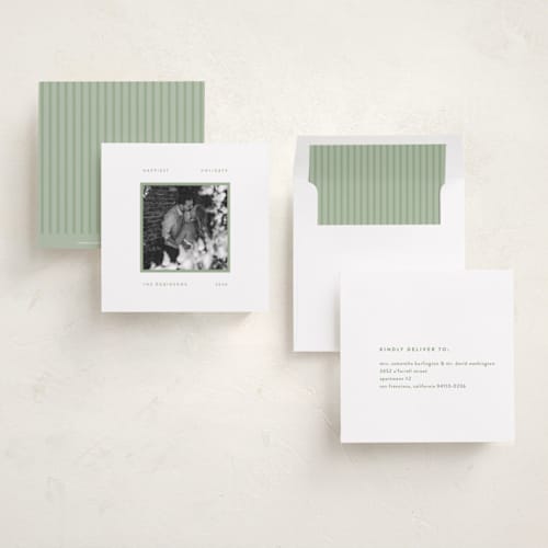 This is a frosted sage holiday photo cards with standard by JoAnn Jinks called modern frame printing on recycled smooth signature in square