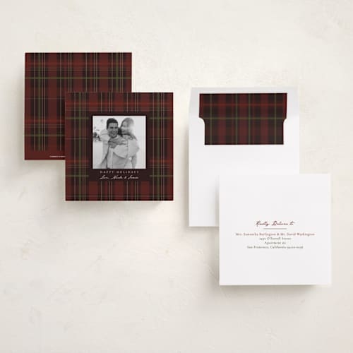 This is a holly berry holiday photo cards with standard by Elly called cozy love printing on recycled smooth signature in square