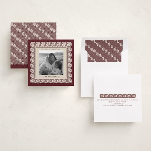 This is a mulled wine holiday photo cards with standard by Heather Schertzer called vintage doily printing on recycled smooth signature in square