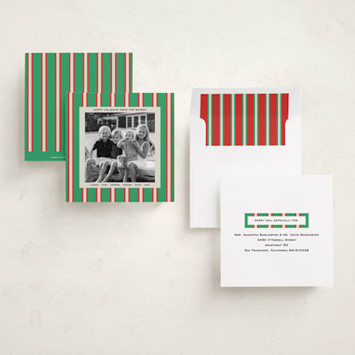 This is a elf shoes holiday photo cards with standard by Megan Davis called twill printing on recycled smooth signature in square