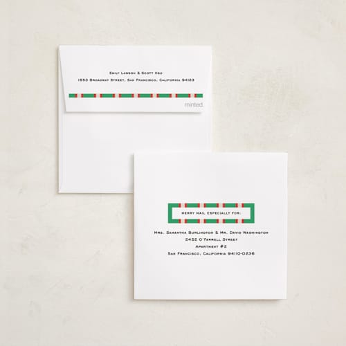 This is a elf shoes holiday photo cards with standard by Megan Davis called twill printing on recycled smooth signature in square