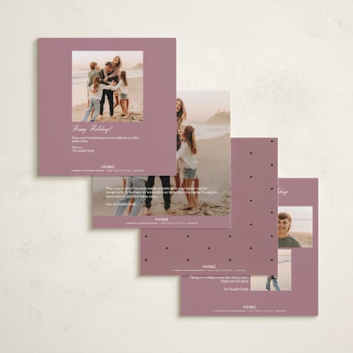 This is a mauve holiday photo cards with standard by Ani Somi called kissing booth printing on recycled smooth signature in square