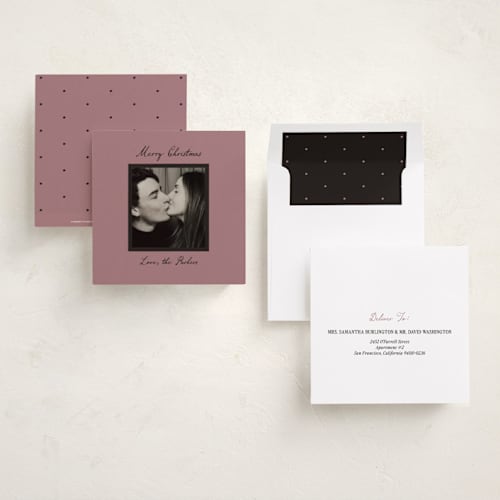 This is a mauve holiday photo cards with standard by Ani Somi called kissing booth printing on recycled smooth signature in square