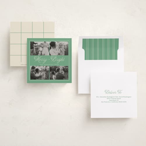 This is a mint holiday photo cards with standard by Ana Sharpe called merry & bright gallery printing on recycled smooth signature in square