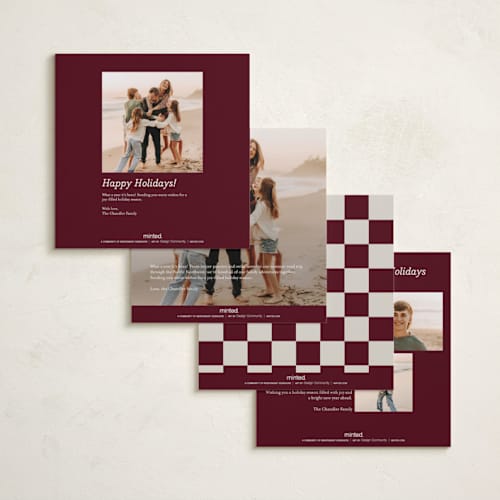 This is a black cherry holiday photo cards with standard by Carrie Moradi called bold grid printing on recycled smooth signature in square