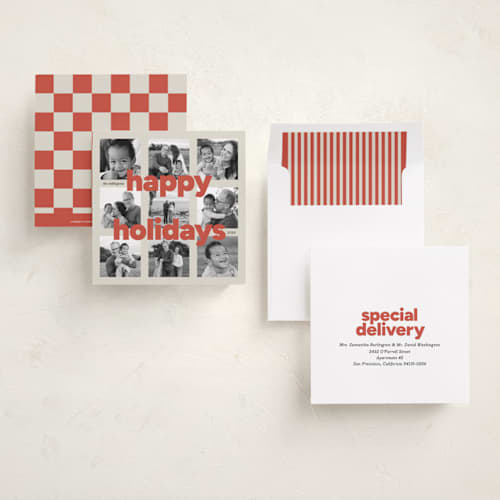 This is a persimmon holiday photo cards with standard by Carrie Moradi called bold grid printing on recycled smooth signature in square