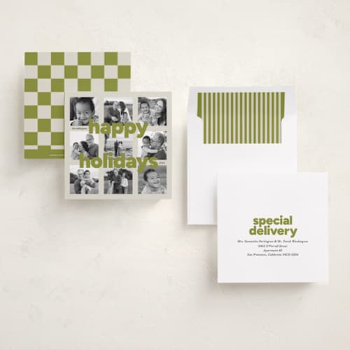 This is a matcha holiday photo cards with standard by Carrie Moradi called bold grid printing on recycled smooth signature in square