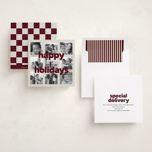This is a black cherry holiday photo cards with standard by Carrie Moradi called bold grid printing on recycled smooth signature in square
