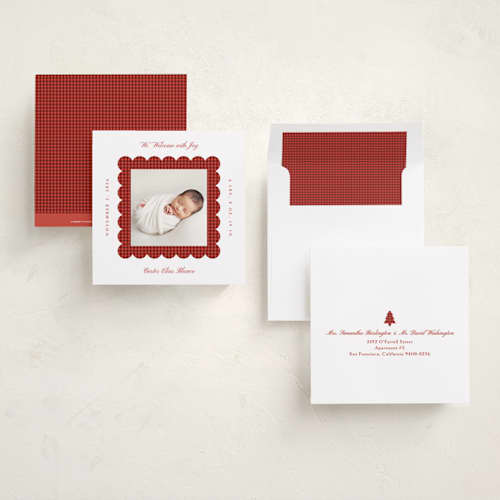 This is a cinnamon holiday photo cards with standard by Olivia Raufman called cozy gingham scallop printing on recycled smooth signature in square