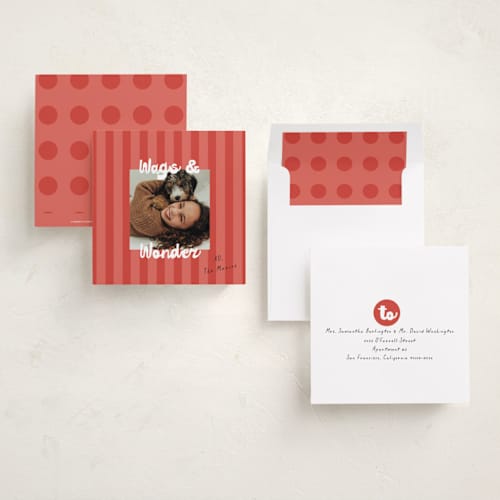This is a cranberry holiday photo cards with standard by Christie Garcia called wags & wonder printing on recycled smooth signature in square