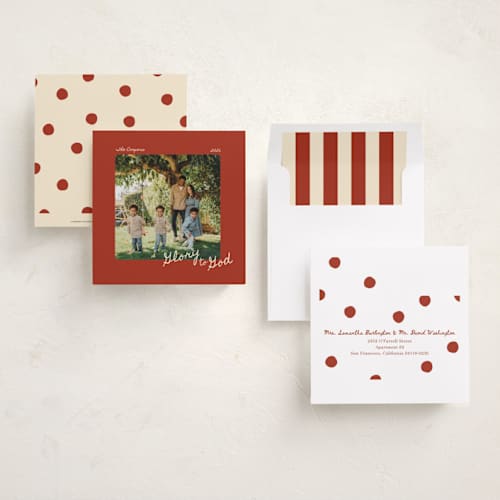 This is a cinnamon holiday photo cards with standard by Cleghorn Creative called warm printing on recycled smooth signature in square