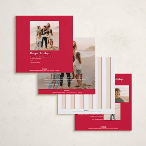 This is a cranberry holiday photo cards with standard by Baumbirdy called ribbon script printing on recycled smooth signature in square