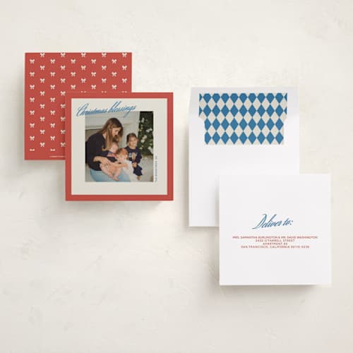 This is a berry holiday photo cards with standard by Maja Cunningham called timeless script printing on recycled smooth signature in square