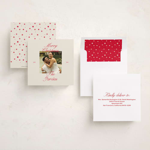 This is a candy cane holiday photo cards with standard by Bethan called script square printing on recycled smooth signature in square