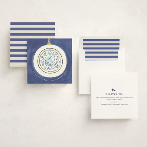 This is a wintermint holiday photo cards with standard by Teju Reval called dove ornament printing on signature in square