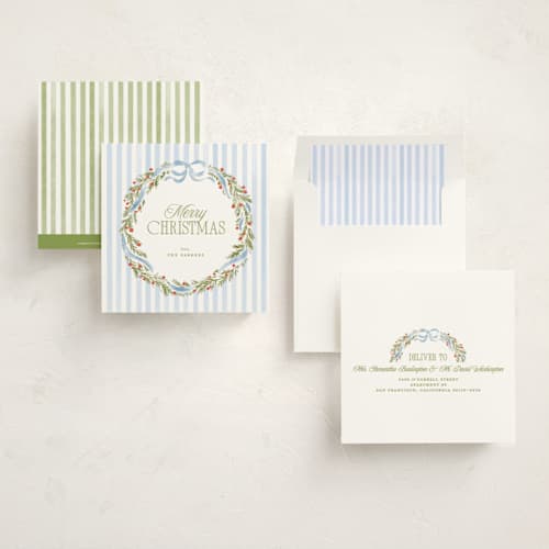 This is a ocean holiday photo cards with standard by Creo Study called coastal wreath printing on signature in square
