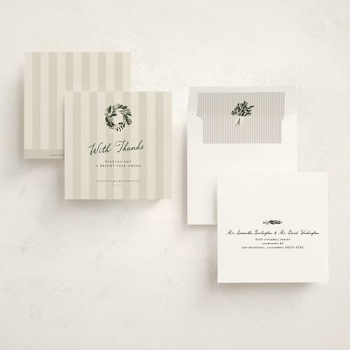 This is a taupe holiday photo cards with standard by Lucrecia Caporale called vintage wreath printing on signature in square