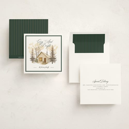 This is a eggnog holiday photo cards with standard by Ana de Sousa called winter hideaway printing on signature in square