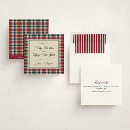 This is a tartan holiday photo cards with standard by Maja Cunningham called vintage plaid printing on signature in square
