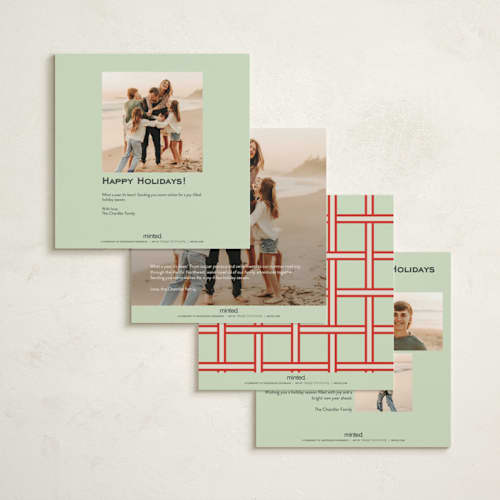 This is a mint holiday photo cards with standard by Megan Davis called basketweave printing on signature in square
