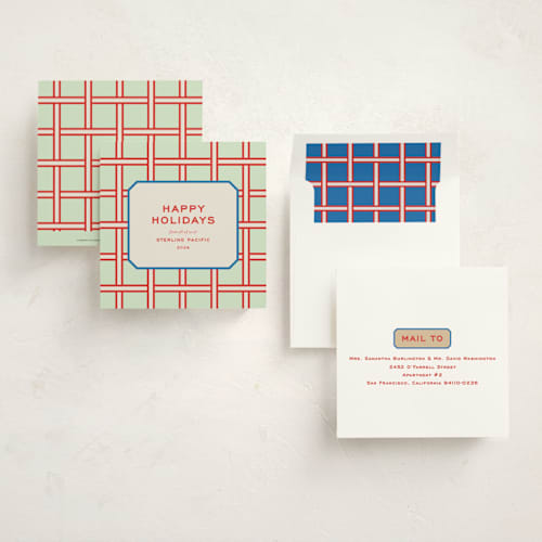 This is a mint holiday photo cards with standard by Megan Davis called basketweave printing on signature in square