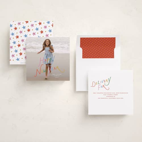 This is a confetti holiday photo cards with standard by Susan Zinader called chalk writing printing on recycled smooth signature in square