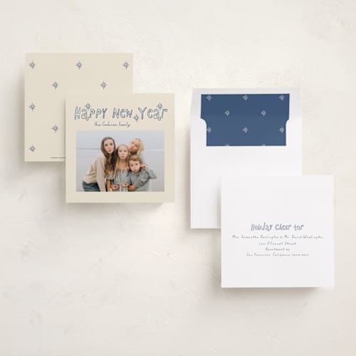 This is a blueberry holiday photo cards with standard by Angela Garrick called happy outlines printing on recycled smooth signature in square